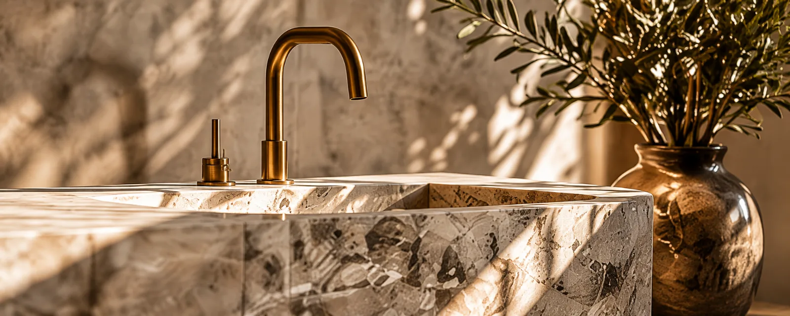 A brushed brass tap on a terrazzo stone basin, with an olive branch beside it.
