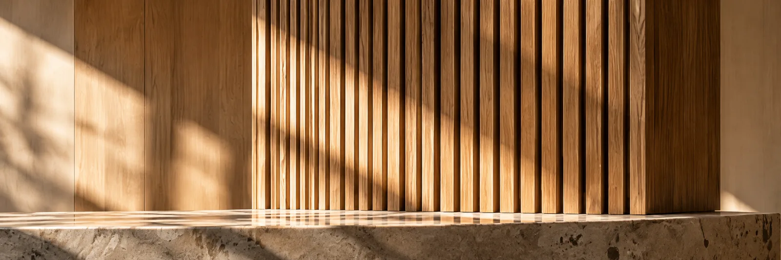 Oak slats casting soft shadows above a stone ledge.