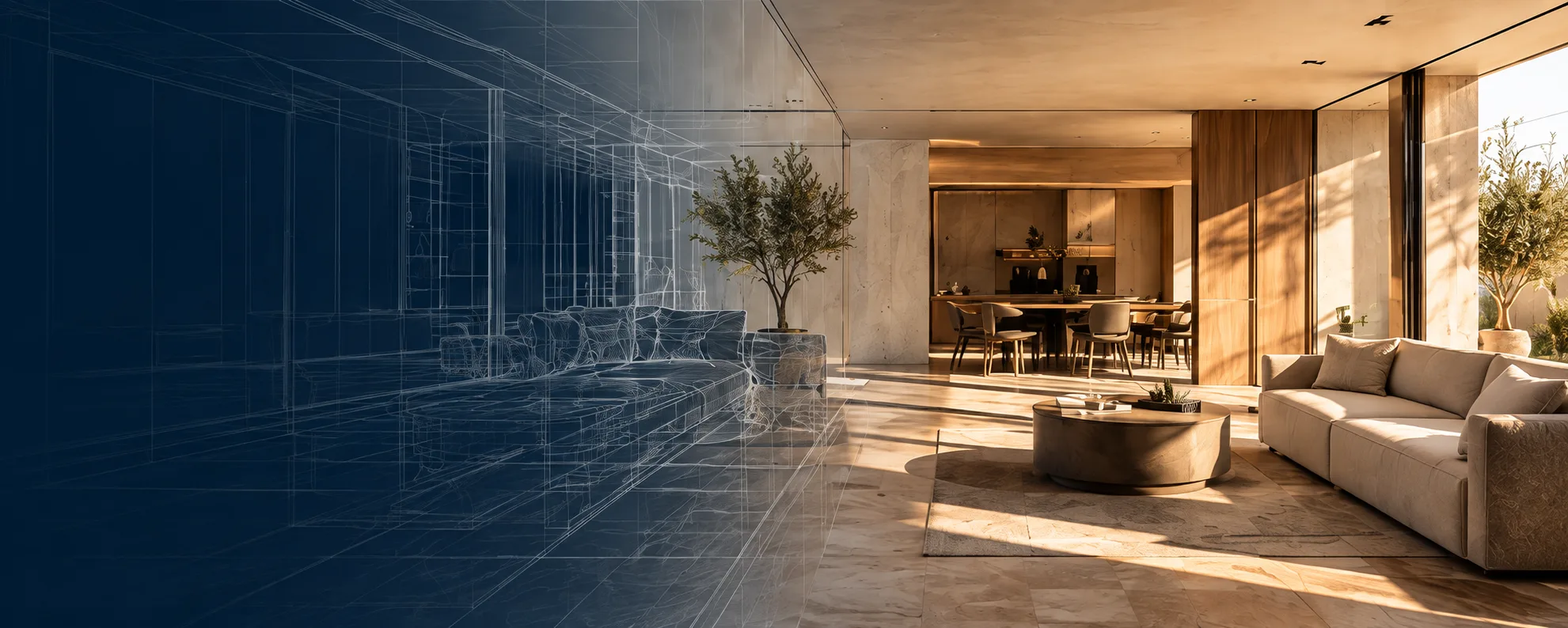 An interior shown half as architectural linework and half as the finished, sunlit living room.