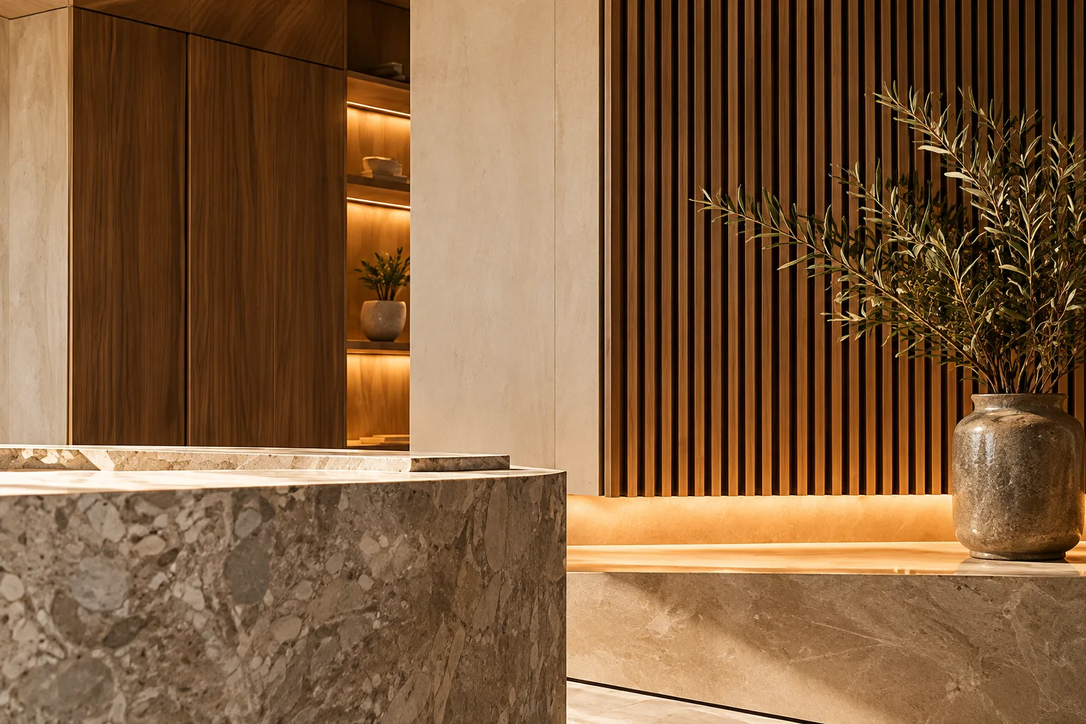 A stone counter, slatted timber wall and warm concealed lighting in a finished interior.