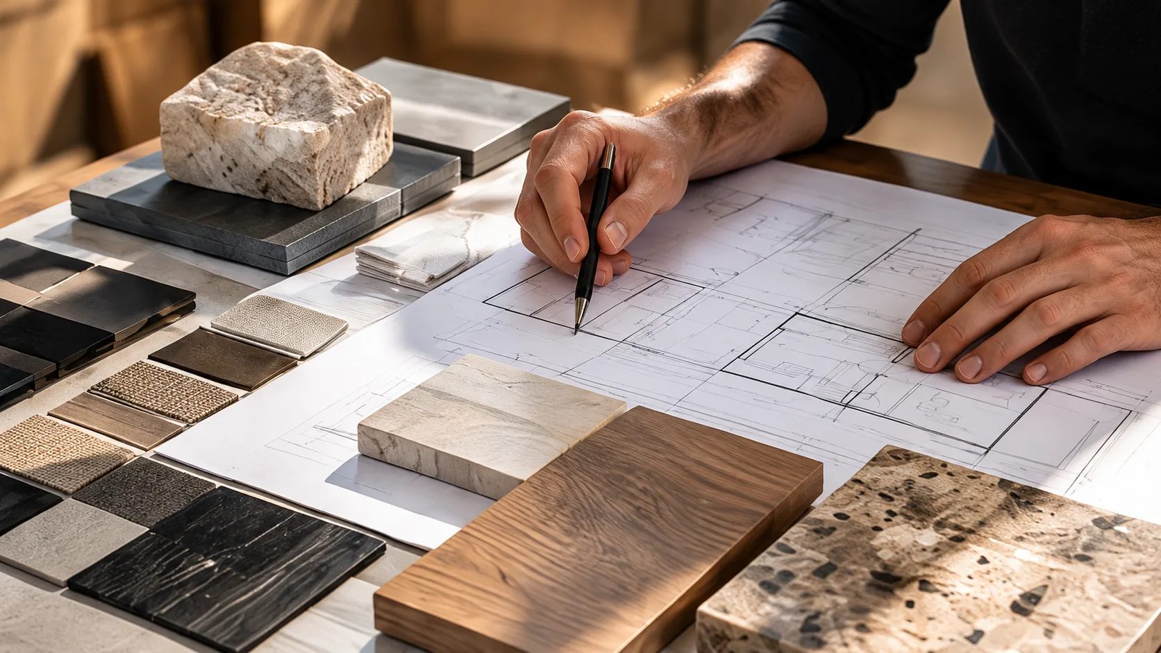 A designer’s hand sketching a floor plan beside samples of stone, wood and fabric.