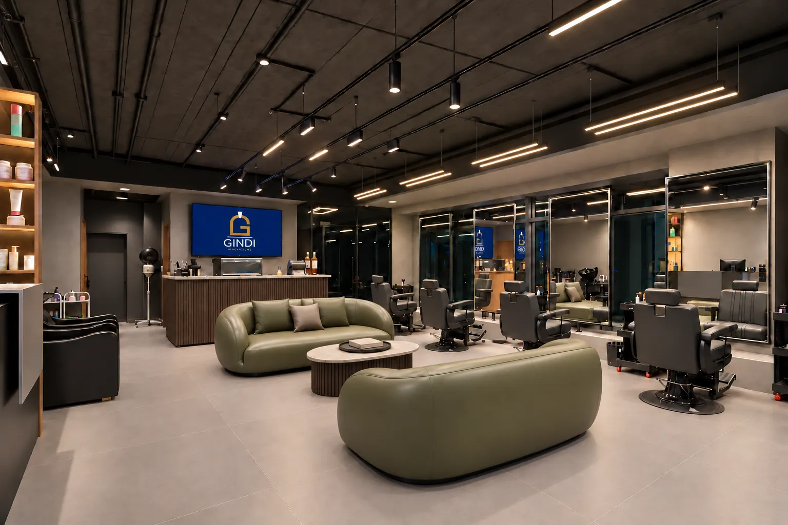 Concept visualization of the main hall: olive-green leather sofas around a coffee table, barber chairs facing mirrored walls and a dark ceiling with linear lights.