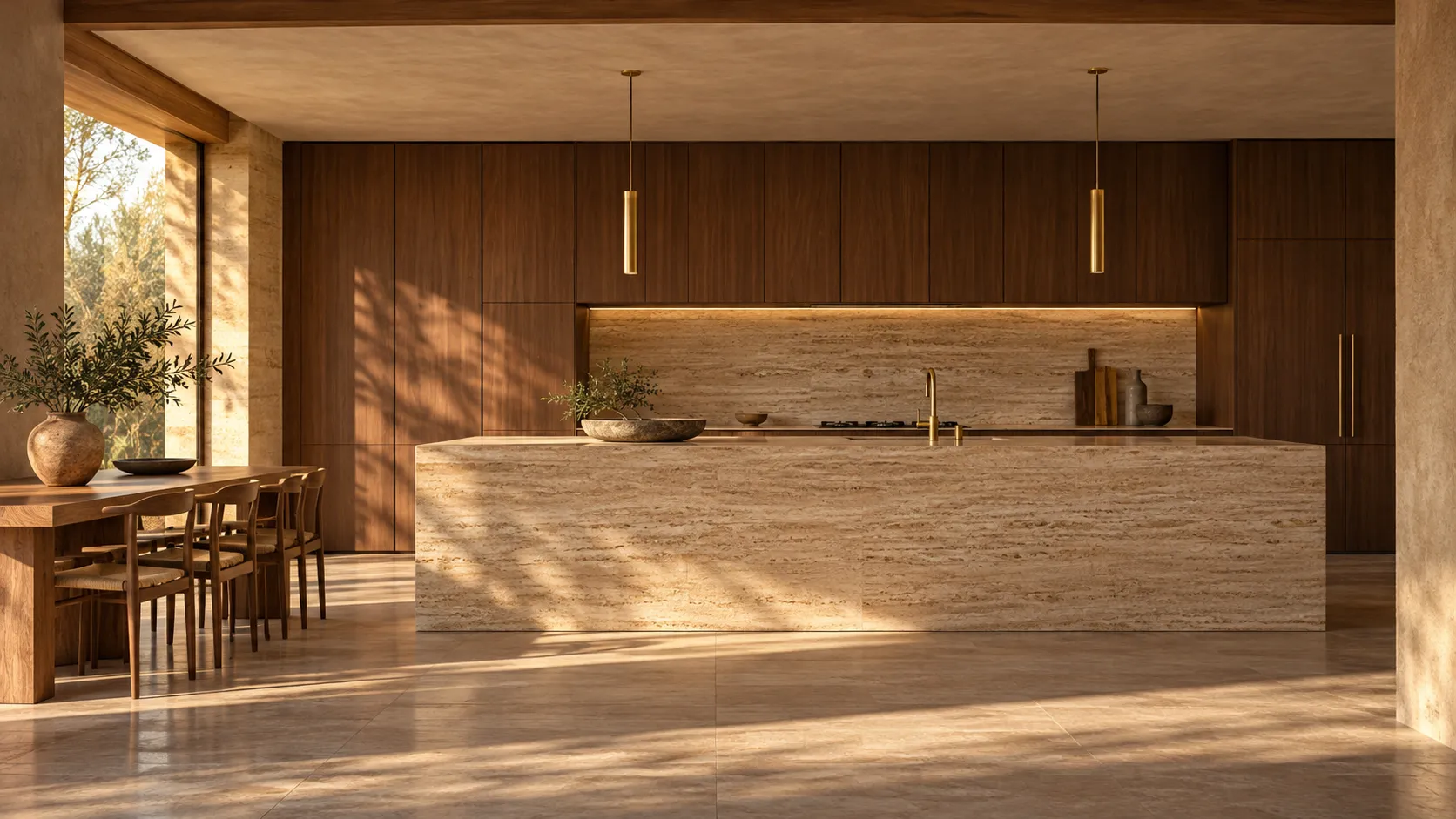 Illustrative image: an open kitchen with a travertine island, walnut cabinetry and brass pendant lights.