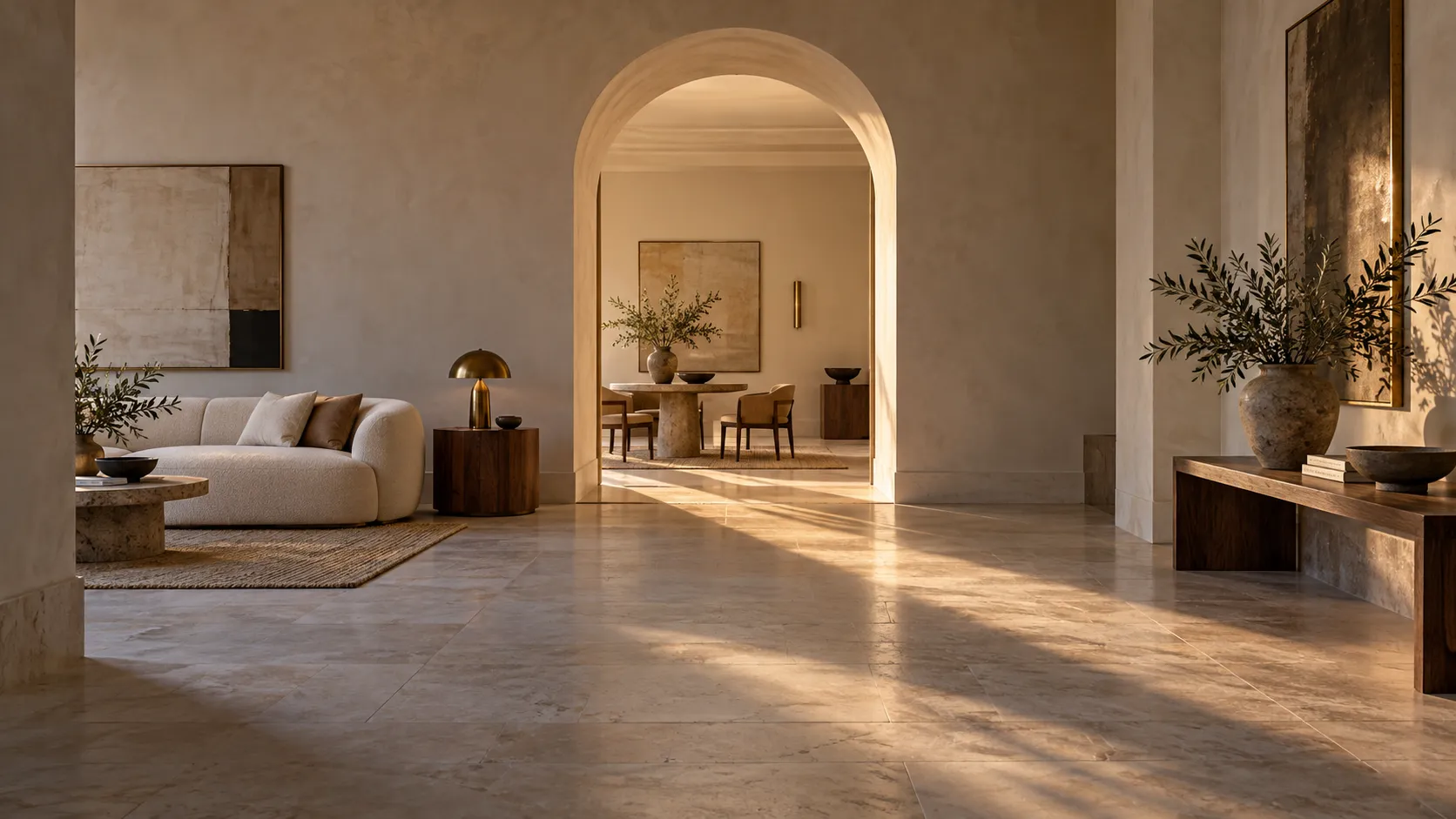 Illustrative image: a warm interior with an arched doorway, a travertine floor in low sunlight, an ivory sofa and a walnut console.
