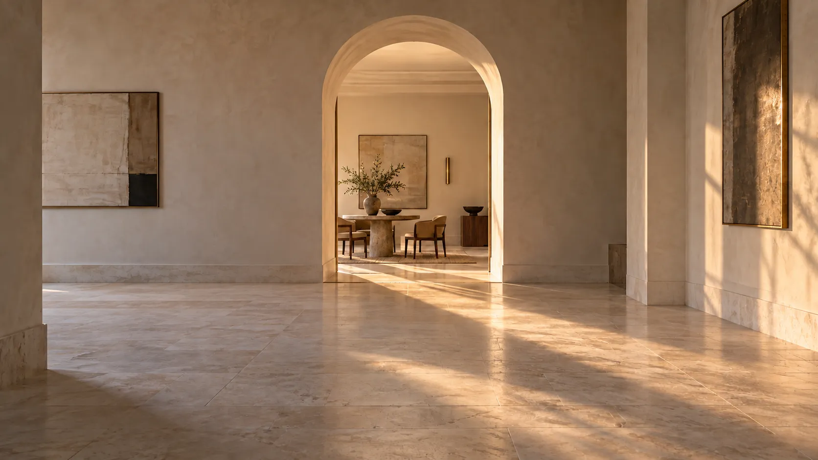 Computer-generated image of an empty hall with a stone floor, plastered walls, framed artwork and an arched doorway onto a dining area.
