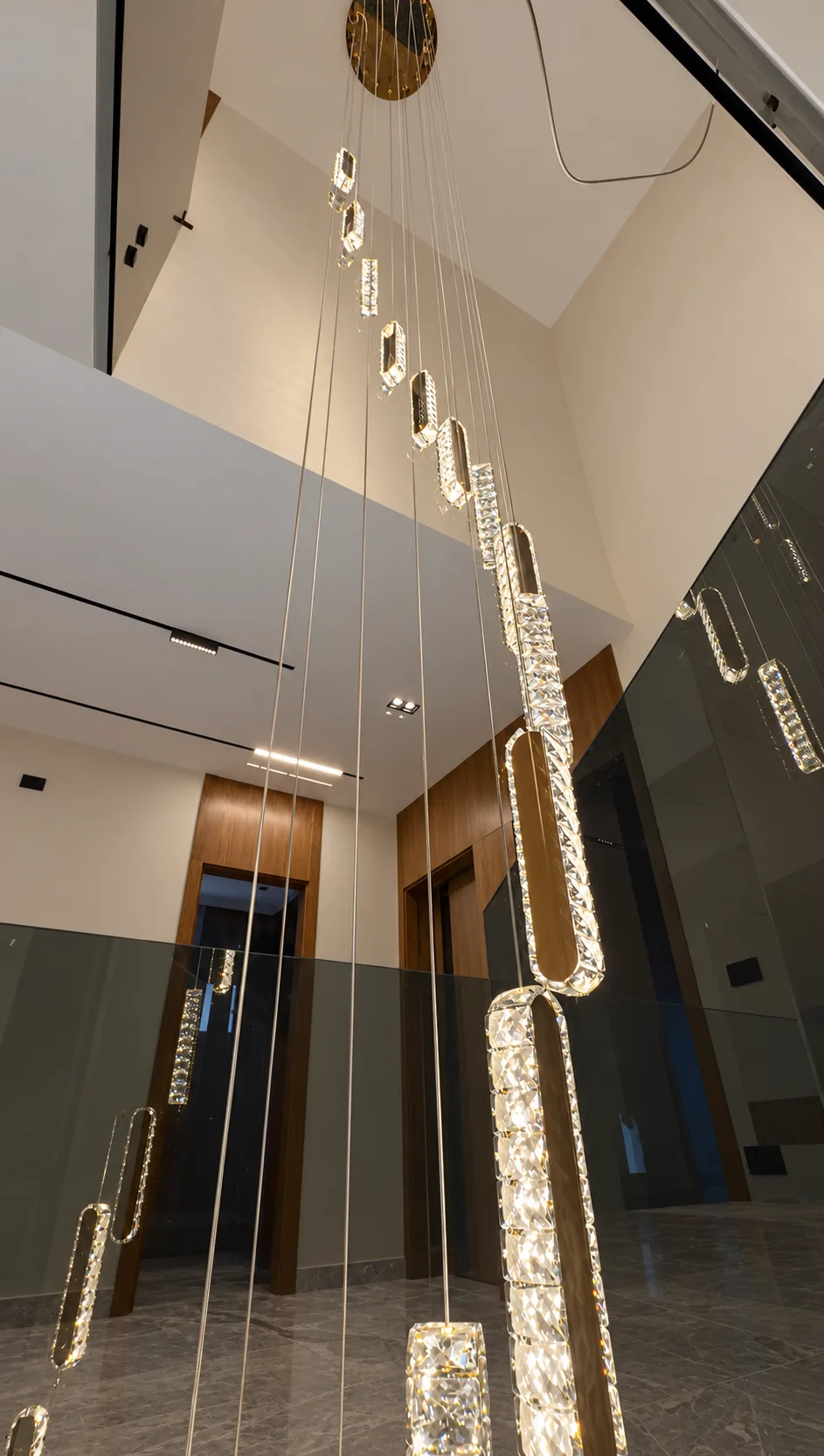 The lit links of the chandelier, close up.