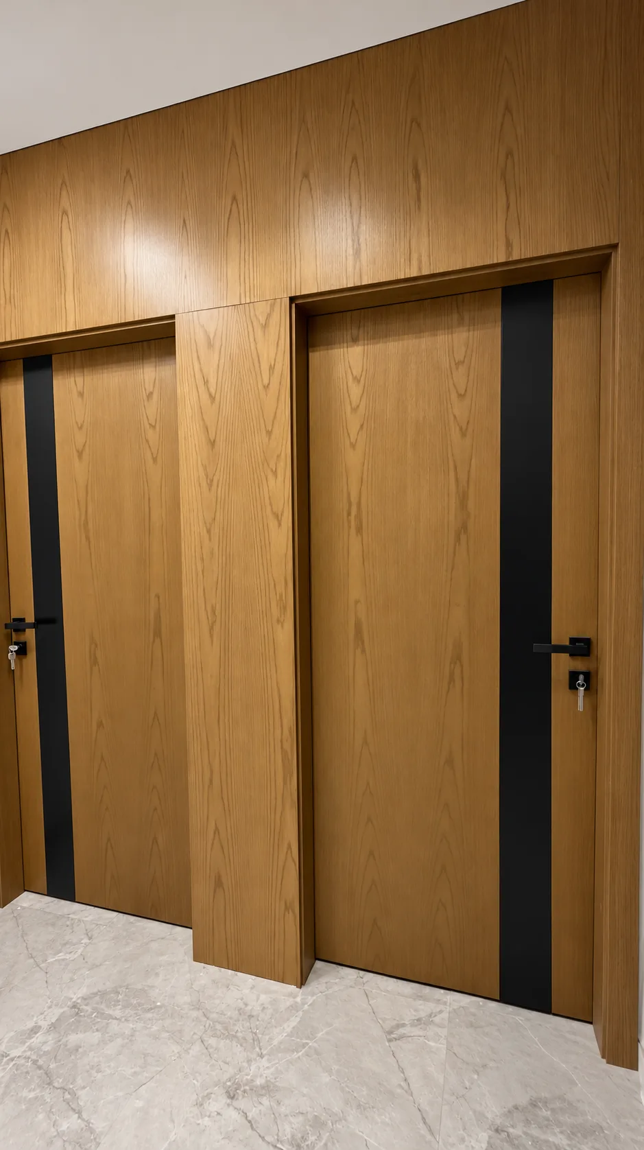 Two wood doors with a black vertical inlay, set in wood-clad walls.